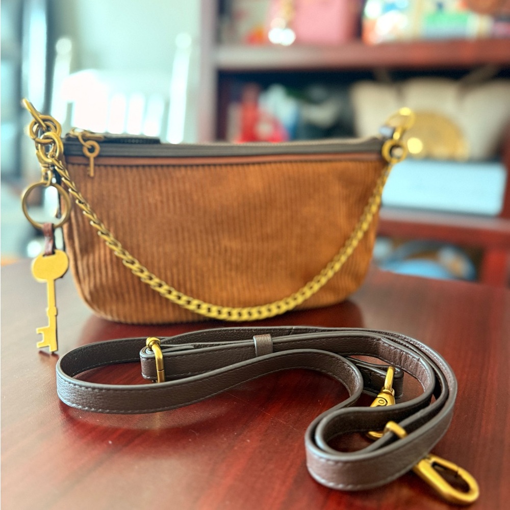 Fossil Brown Corduroy Mini Crossbody with Gold Hardware